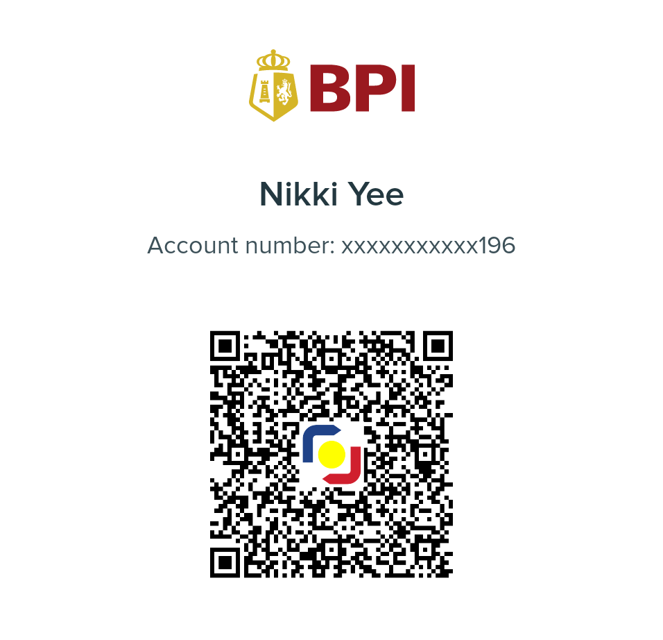 BPI QR payment card supplied for Nikki Yee, with a masked account number ending in 196