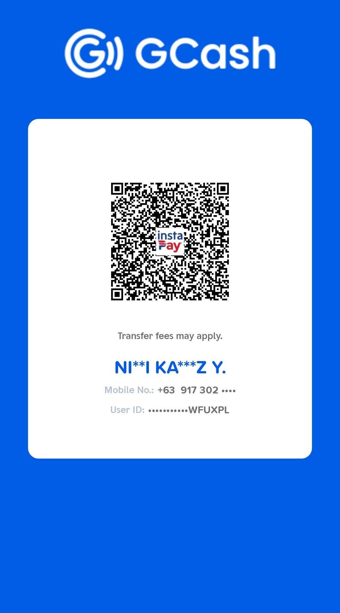 GCash InstaPay QR payment card supplied for the reunion coordinator, with recipient details masked
