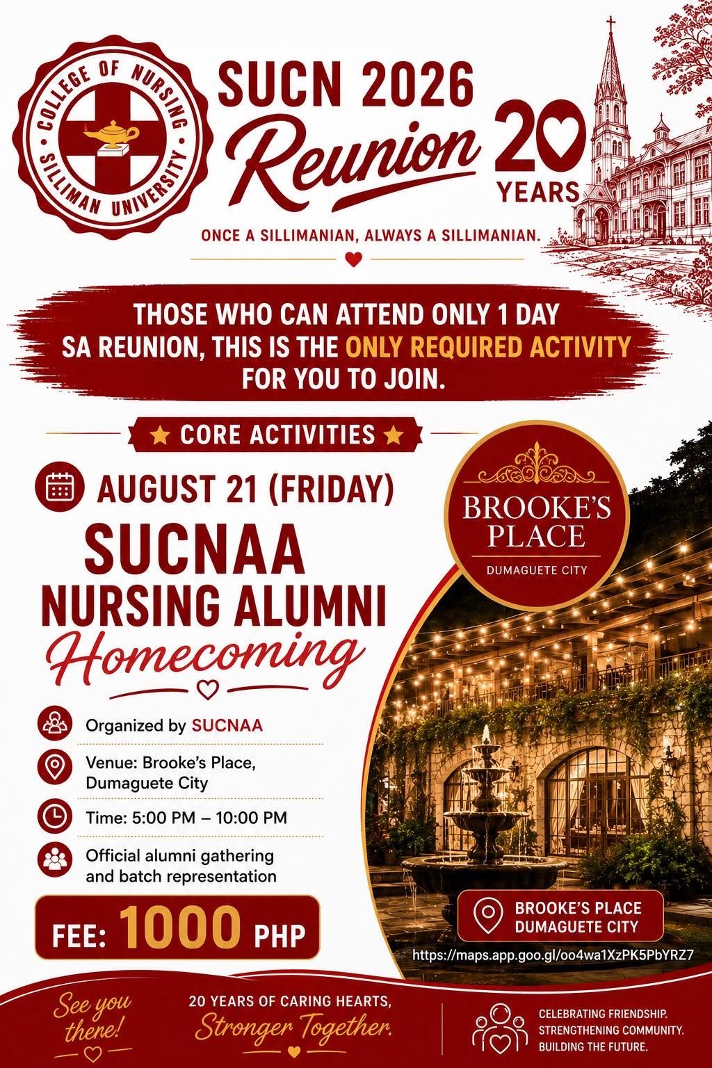 SUCNAA Nursing Alumni Homecoming core activity poster for August 21, 2026 at Brooke’s Place